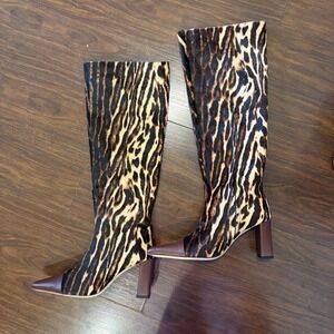 STAUD Wally Tiger Print Calf Hair Knee High Boots Brown Leather Cap Toe 37